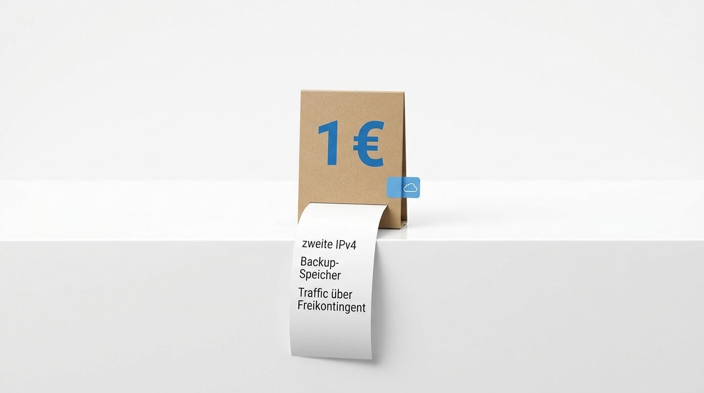 Kartonbox mit "1€" und Cloud-Symbol, darunter Schriftzug "zweite IPv4 Backup-Speicher Traffic über Freikontingent"
