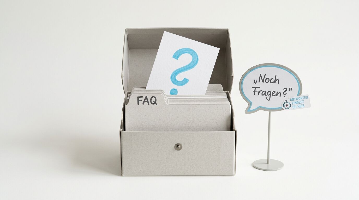 Eine offene Schachtel mit FAQ-Kartei und Fragezeichen-Karte neben einer Sprechblase mit deutschem Text