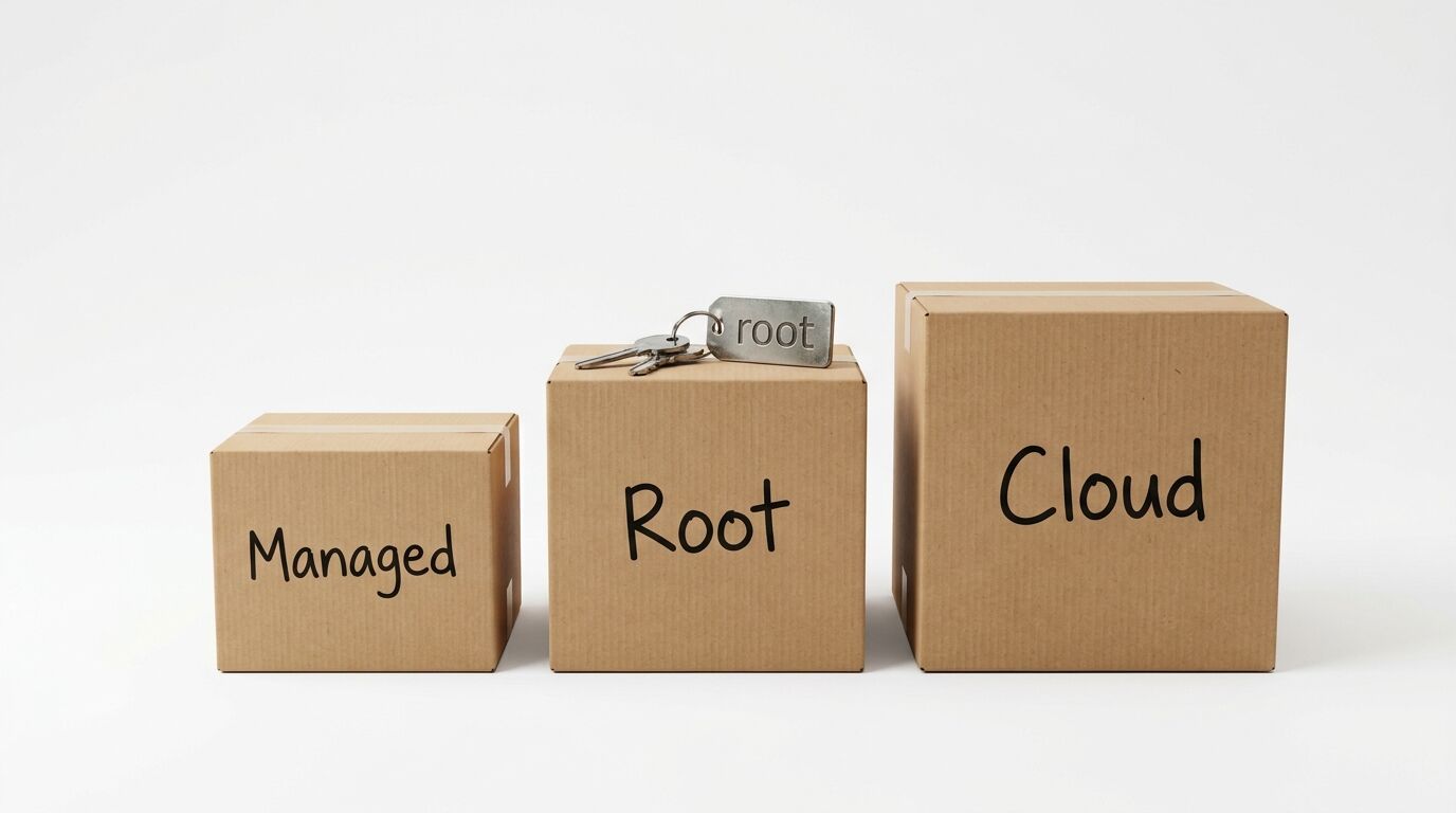 Drei Kartons in aufsteigender Größe mit den Aufschriften "Managed", "Root" und "Cloud". Auf dem mittleren Karton liegt ein Schlüssel mit Tag