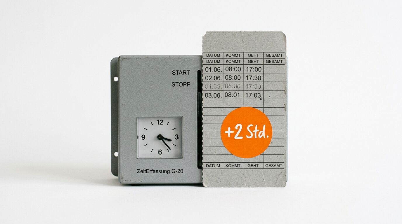 Alte Stempeluhr mit analoger Uhr, rechts eine Stechkarte mit orangefarbenem Aufkleber