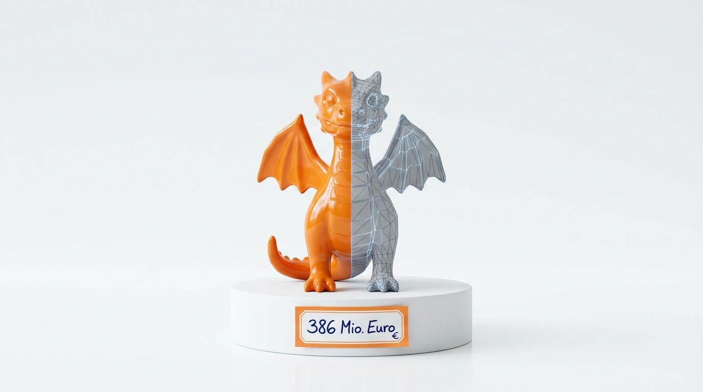 Drachenfigur auf Podest mit Preisschild, halb orange, halb graues Gittermodell