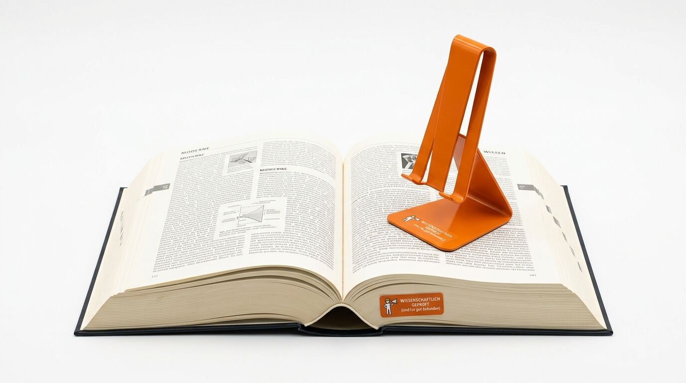 Ein aufgeschlagenes Buch mit einem orangefarbenen Lesezeichen und Etikett vor weißem Hintergrund