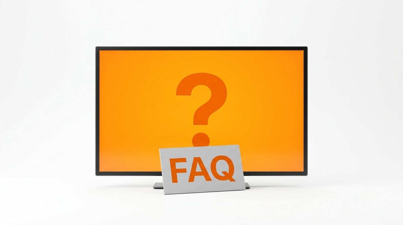 Monitor mit Fragezeichen und ein Aufsteller mit der Aufschrift „FAQ“