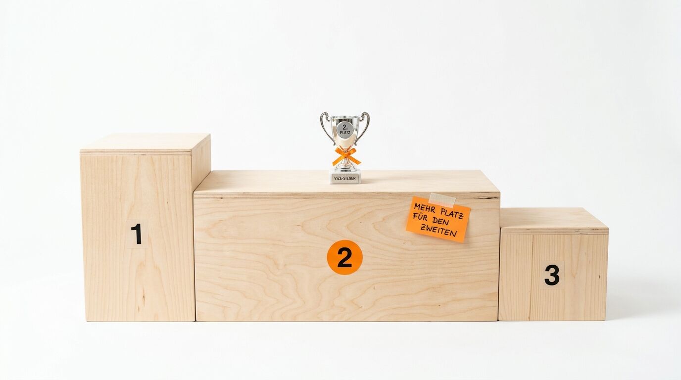 Holzpodest mit vertauschten Plätzen: Pokal und Nachricht auf Platz 2 statt 1