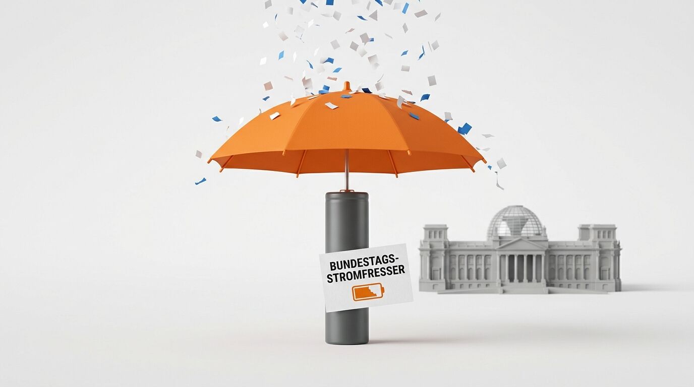 Schirm auf Batterie, davor Zettel „BUNDESTAGSSTROMFRESSER“, Reichstag im Hintergrund, Konfetti