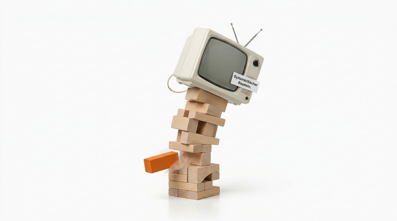 TV-Gerät auf wackeligem Holzstapel, orangefarbener Stein fällt, Aufkleber „Systemkritischer Baustein.“