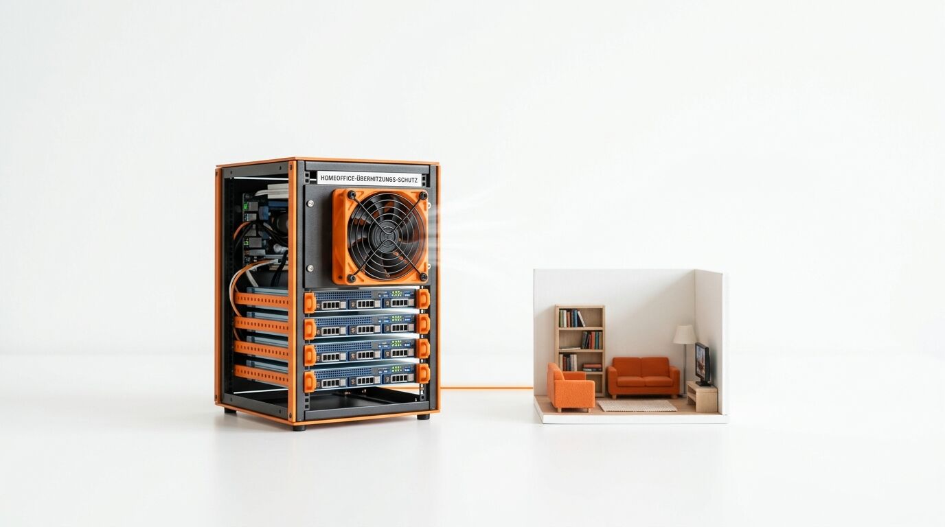 Server-Rack mit Lüfter neben einem Miniatur-Wohnzimmer auf weißem Grund