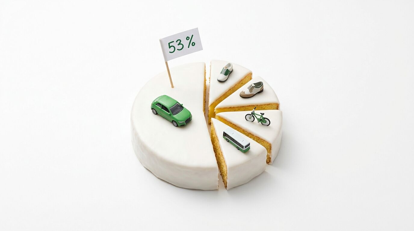 Torte als Tortendiagramm mit Modellen von Verkehrsmitteln und einem „53 %“-Fähnchen