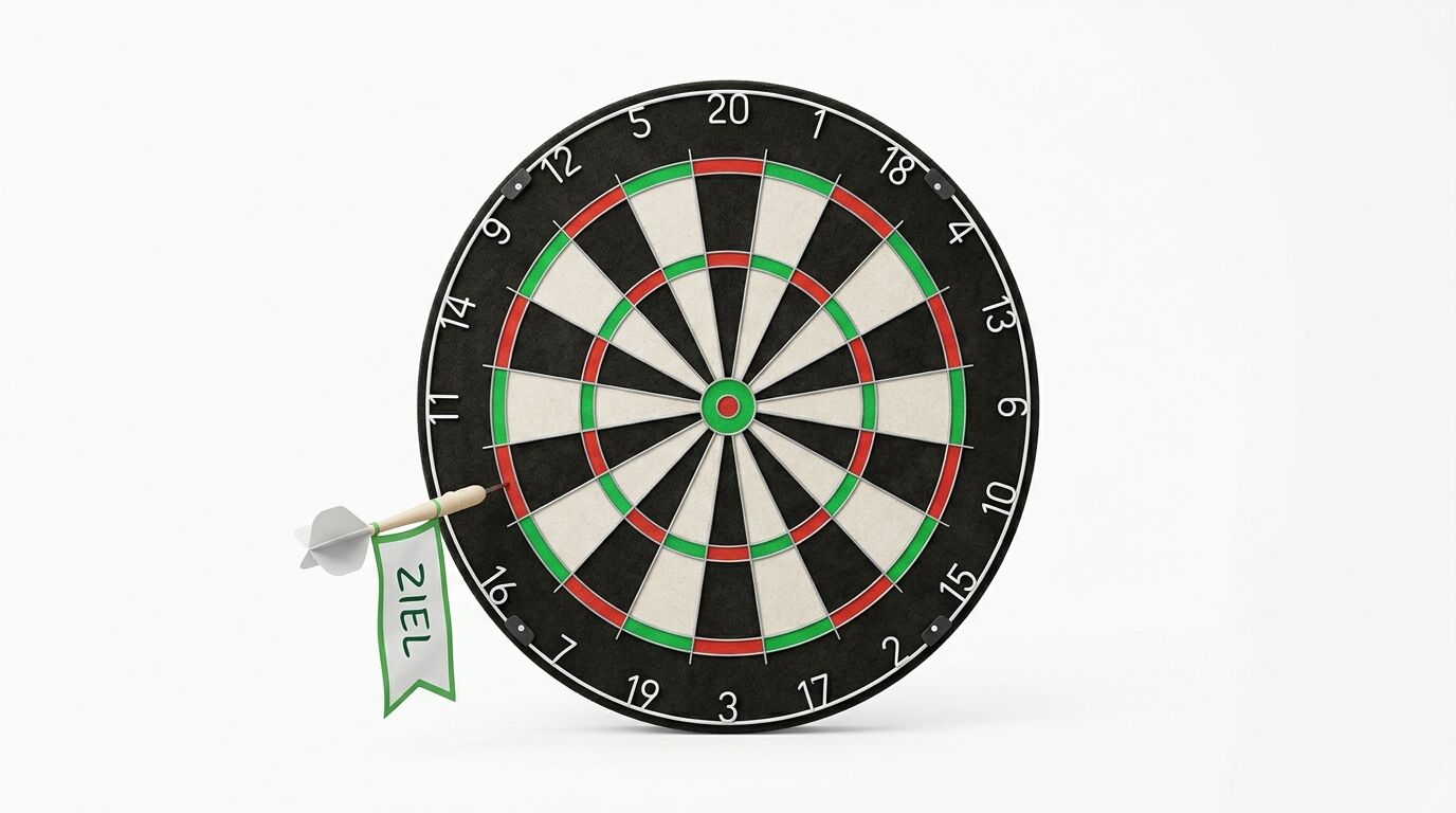 Dartscheibe mit Pfeil auf weißem Hintergrund. Der Pfeil hat eine grüne Fahne mit dem Text „ZIEL“