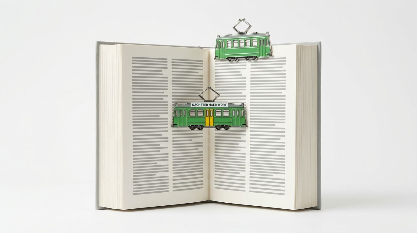 Offenes Buch mit zwei grünen Straßenbahnanstecknadeln, auf der unteren steht