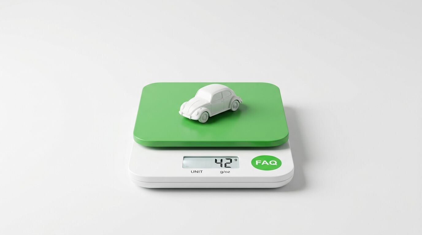 Modellauto auf grüner Waage mit digitaler Anzeige von 42 g