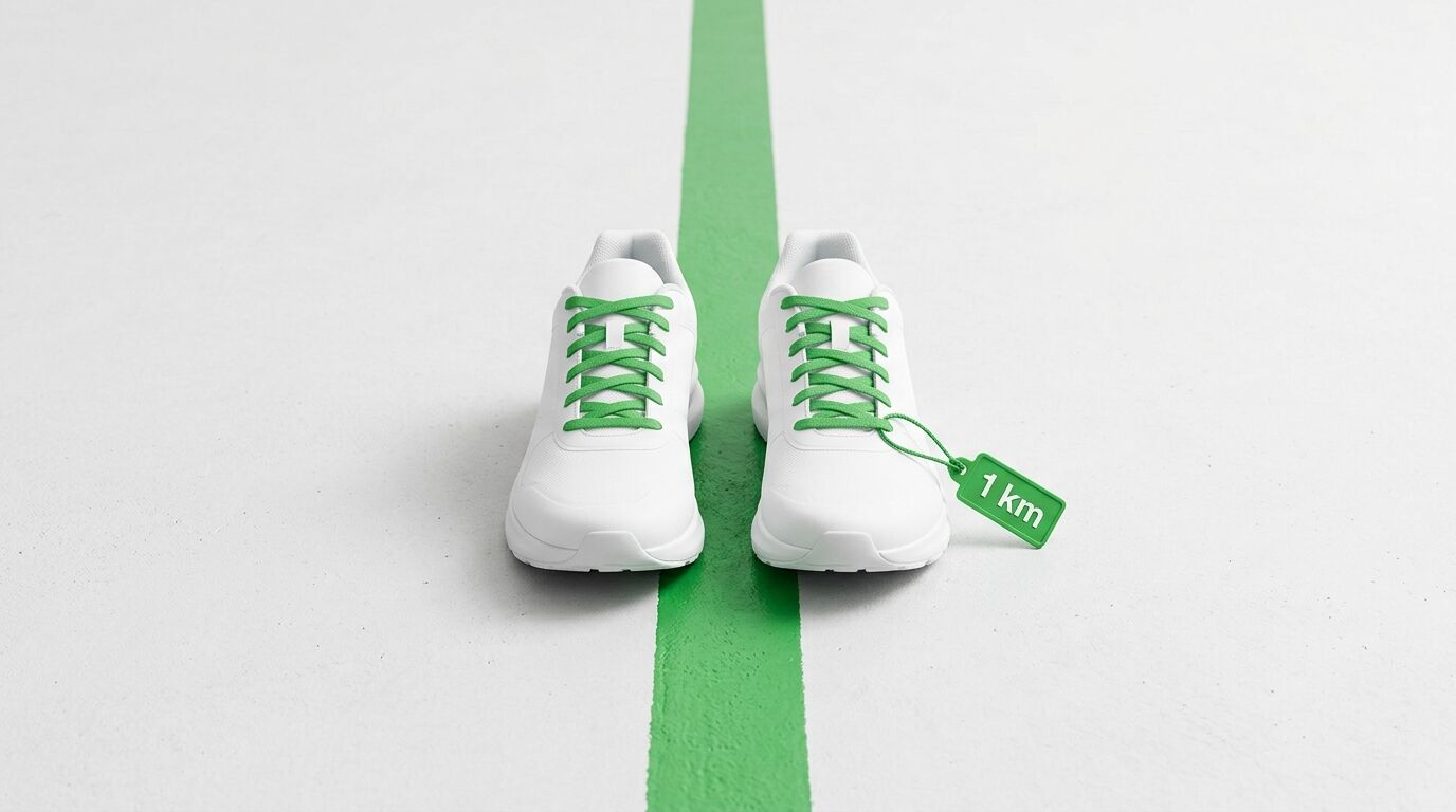 Weiße Sneaker mit grünen Schnürsenkeln und einem grünen 1 km-Schild auf einem weißen Hintergrund
