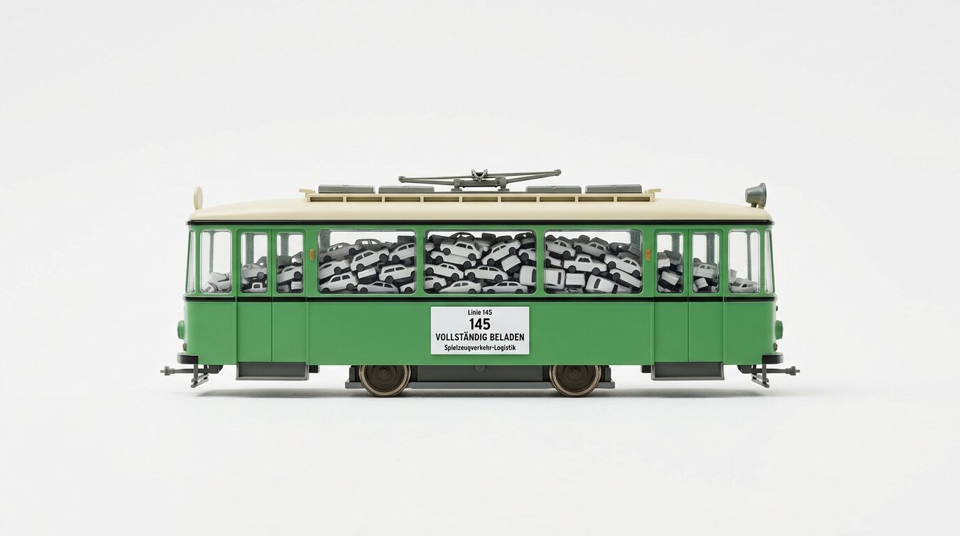 Eine grüne Modellstraßenbahn, die mit kleinen weißen Autos beladen ist