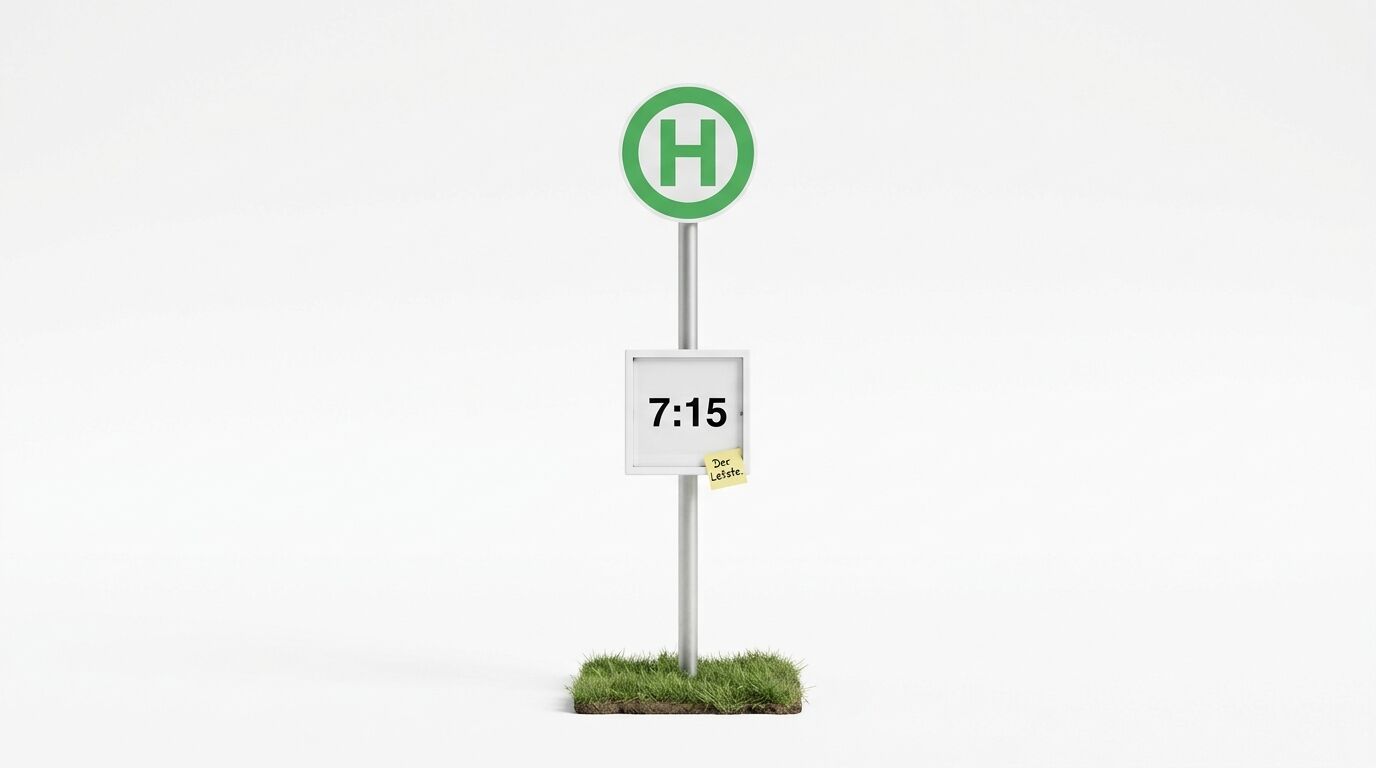 Verkehrsschild „Haltestelle“ mit Uhrzeit 7:15 und Notiz „Der Letzte.“ auf Grasfläche
