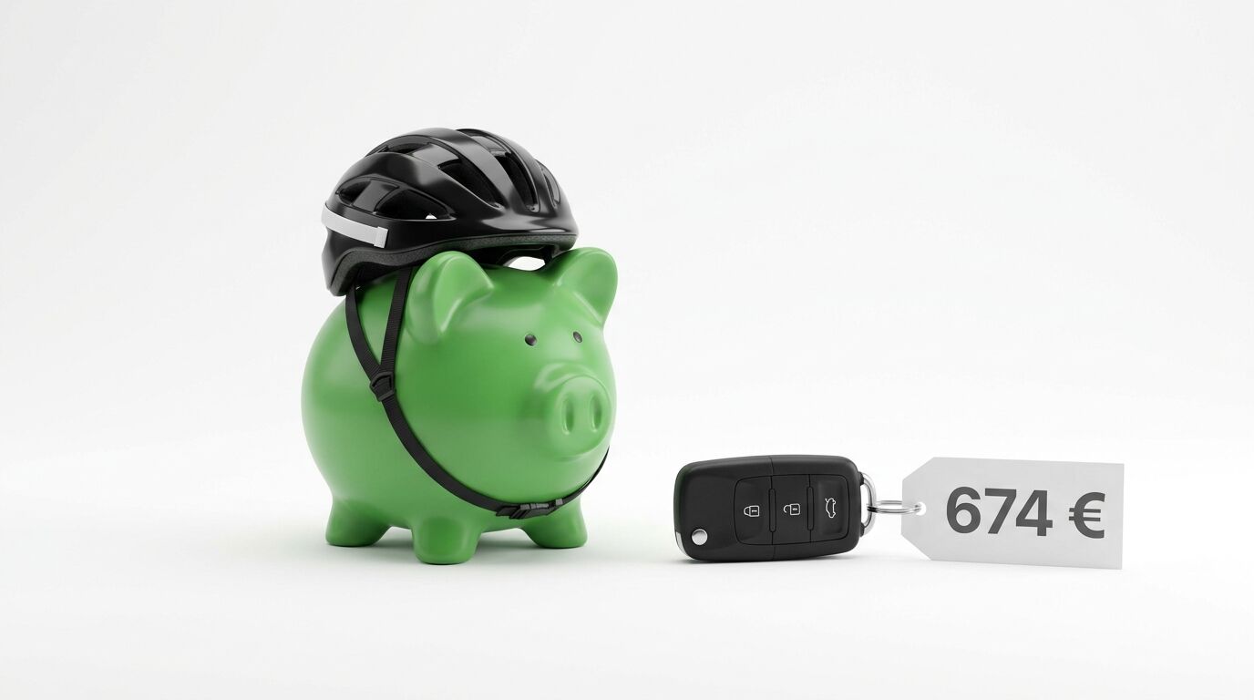 Grünes Sparschwein mit Helm, daneben Autoschlüssel mit Preisschild 674 €