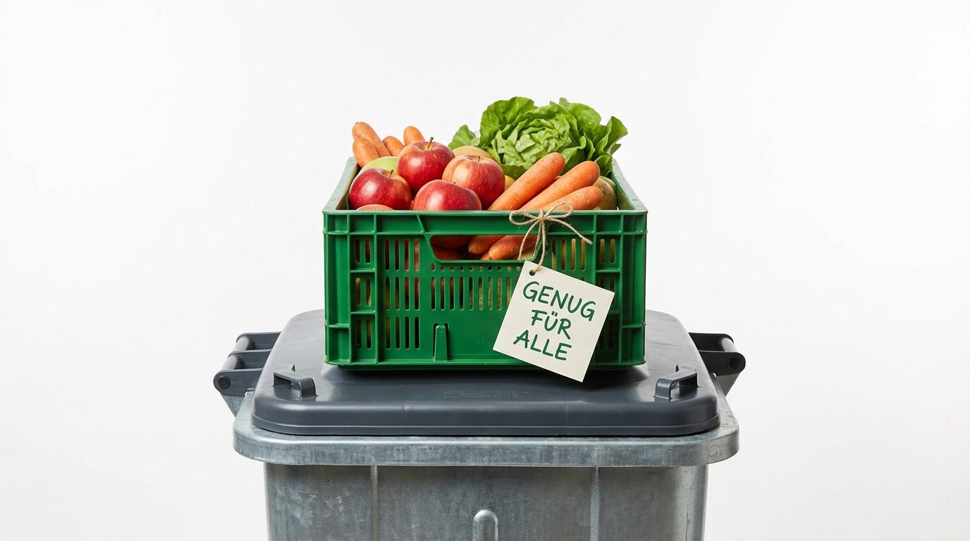Grüne Kiste mit Obst, Gemüse und dem Schild „GENUG FÜR ALLE“ auf einer grauen Mülltonne