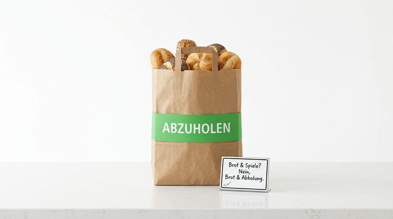 Papiertüte voller Brötchen mit grünem Band „ABZUHOLEN“ und einem Schild daneben