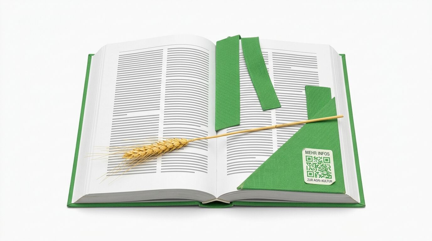 Offenes grünes Buch mit Getreideähre, grünem Lesezeichen und QR-Code-Ecke auf weißem Hintergrund