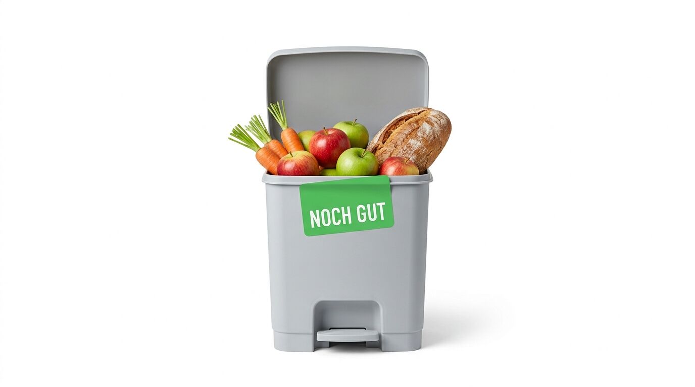 Mülleimer mit frischen Lebensmitteln gefüllt, Schild „NOCH GUT“, weißer Hintergrund