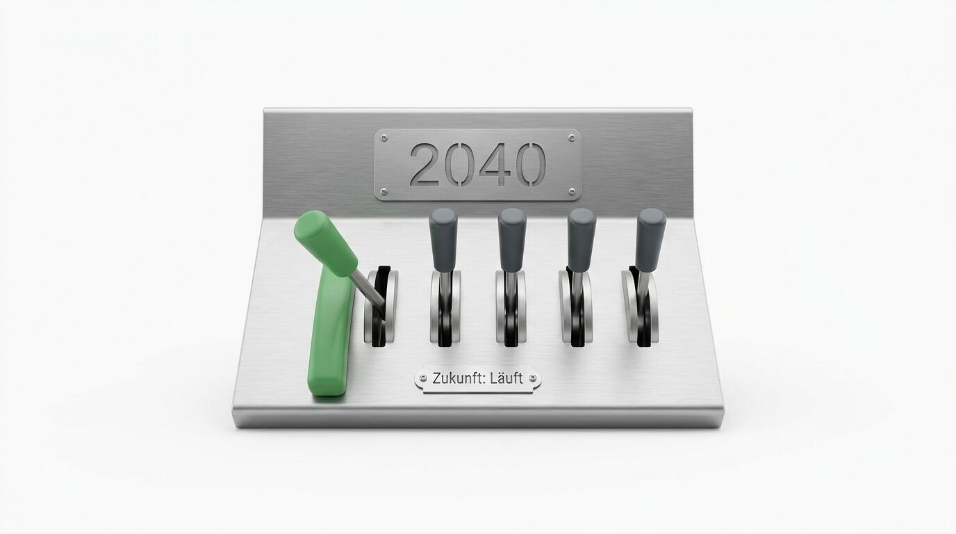 Metallelement mit Hebeln, links ein grüner, beschriftet mit „2040“ und „Zukunft: Läuft“