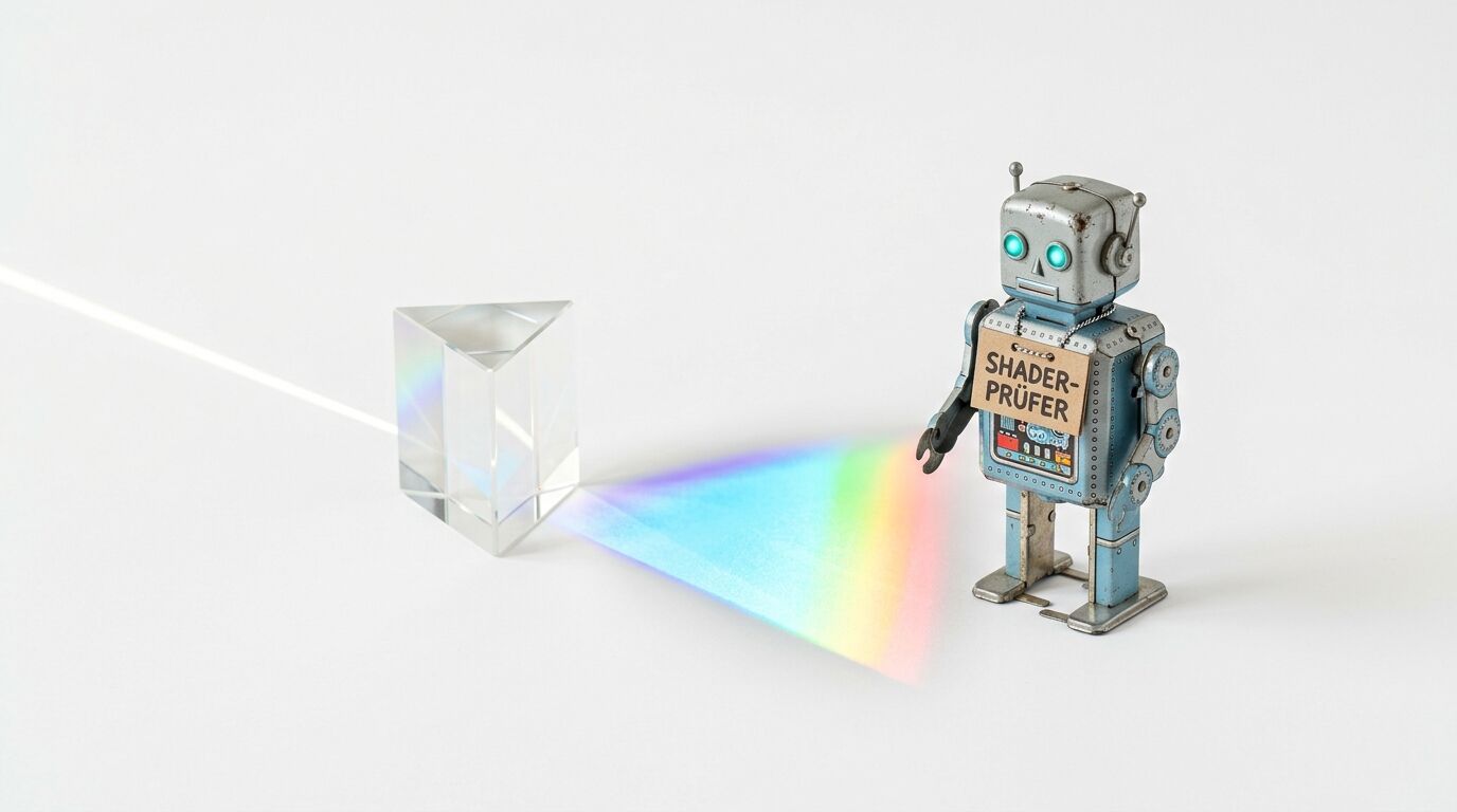 Prisma bricht Lichtstrahl in Spektralfarben, Blechroboter mit Schild „SHADER-PRÜFER“ steht daneben