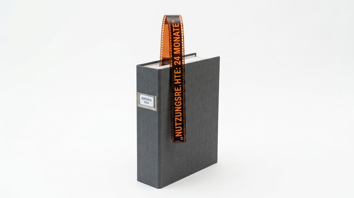 Graue Schachtel mit orangebraunem Filmband-Design und Label "VERTRÄGE 2024"
