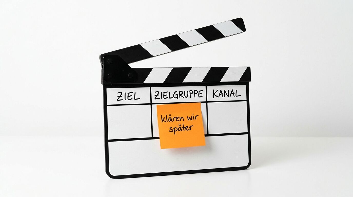 Ein Filmklappenboard mit schwarzen und weißen Streifen. Auf der Tafel stehen die Felder "ZIEL", "ZIELGRUPPE" und "KANAL". Eine orange Notiz mit "klären wir später" klebt darauf