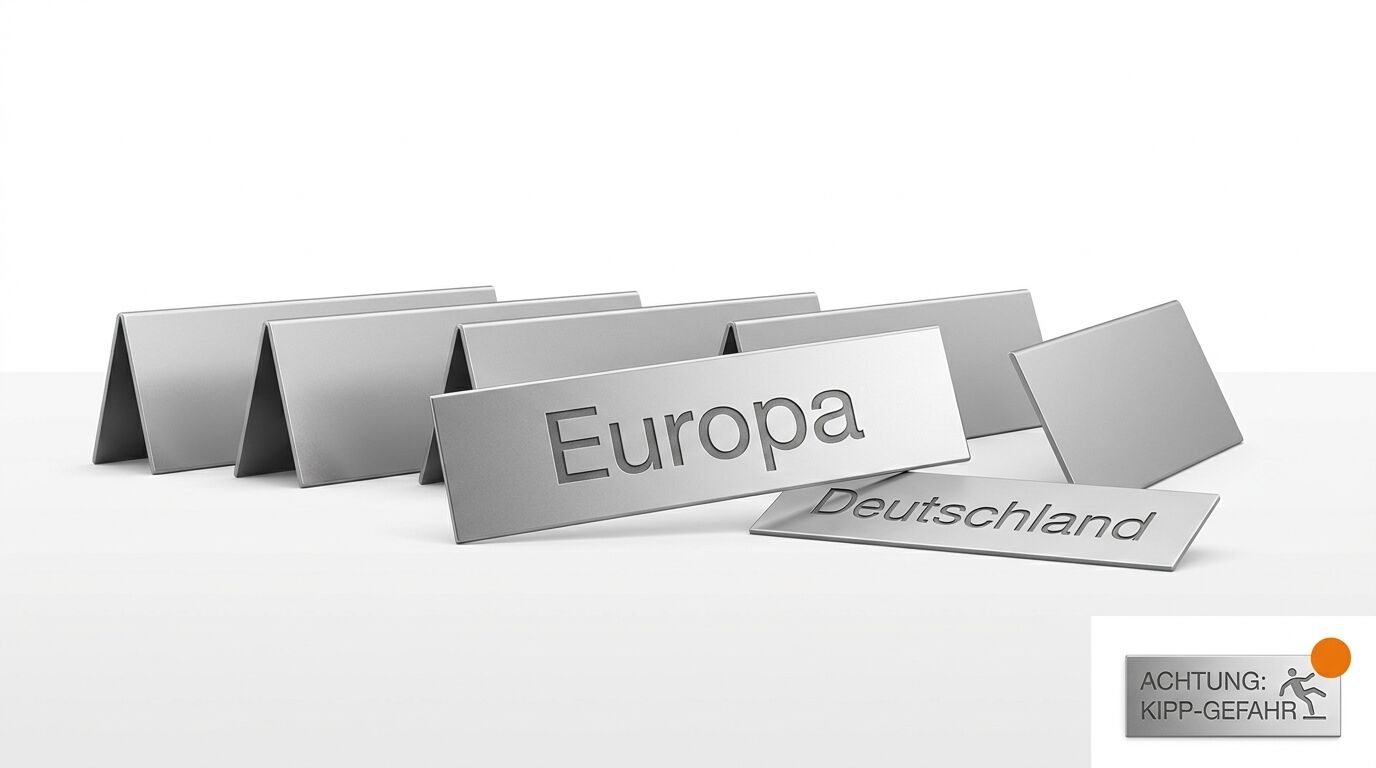 Reihe umgefallener Metallaufsteller, einer mit „Europa“, ein liegender mit „Deutschland“