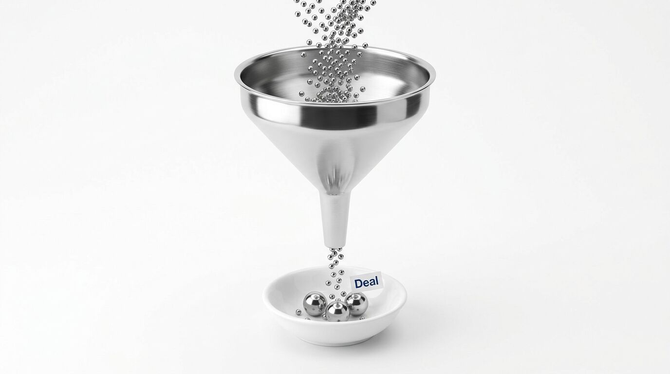 Metalltrichter filtert kleine Kugeln, die sich unten als große Kugeln im Schälchen mit 'Deal' sammeln