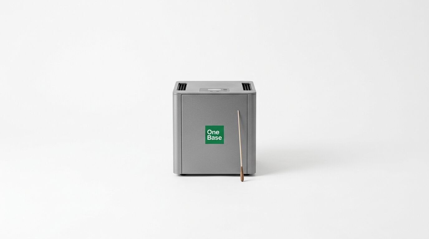 Grauer Würfel mit grünem „One Base“-Logo und Stab auf hellem Grund