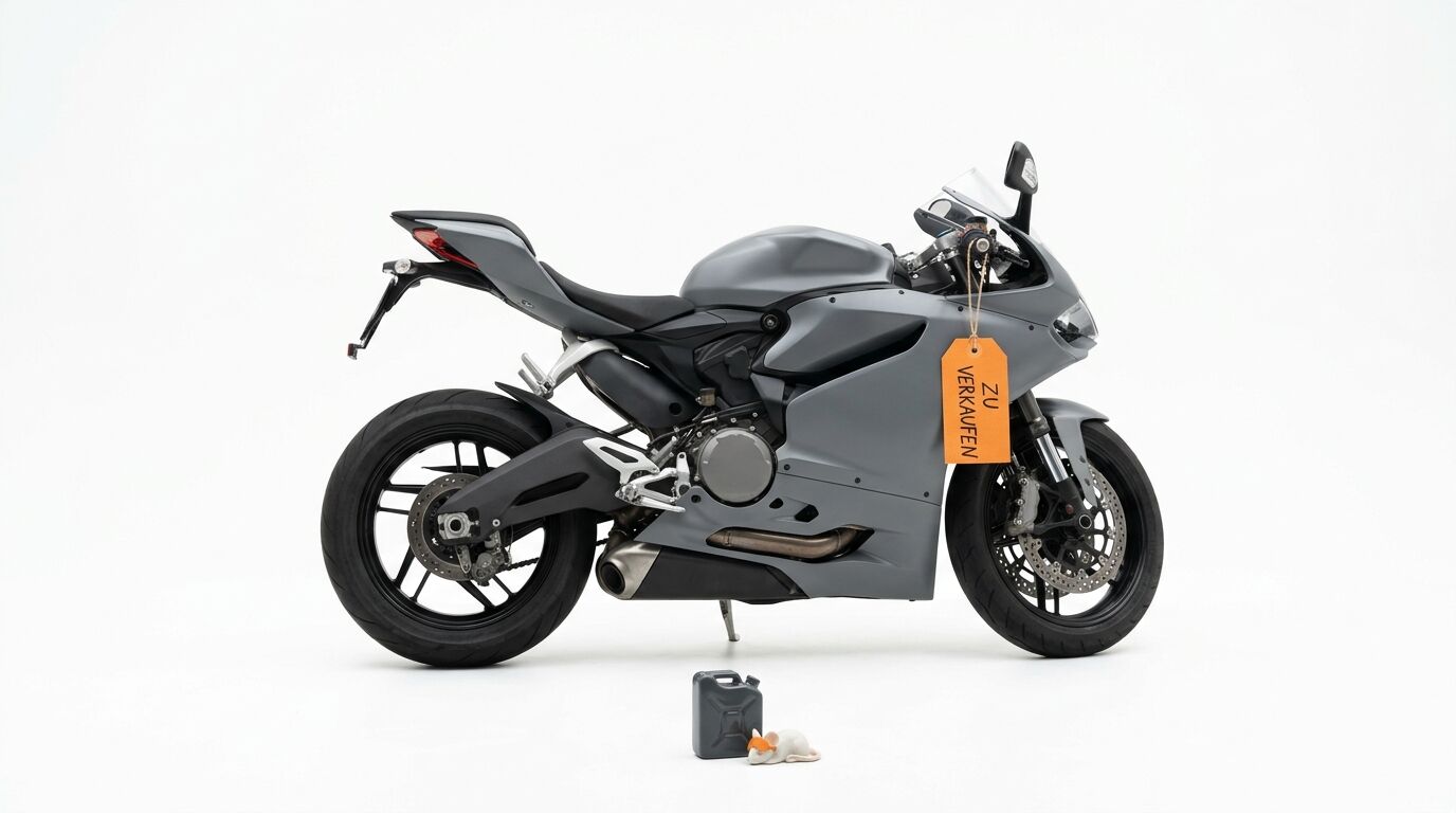 Graues Motorrad mit Verkaufsschild und kleinem Kanister, daneben eine Maus