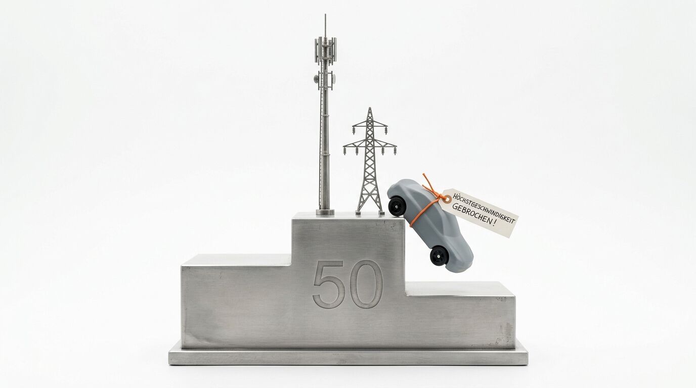 Skulptur mit Sendemast, Strommast und einem Auto auf einem Metallsockel mit der Zahl 50