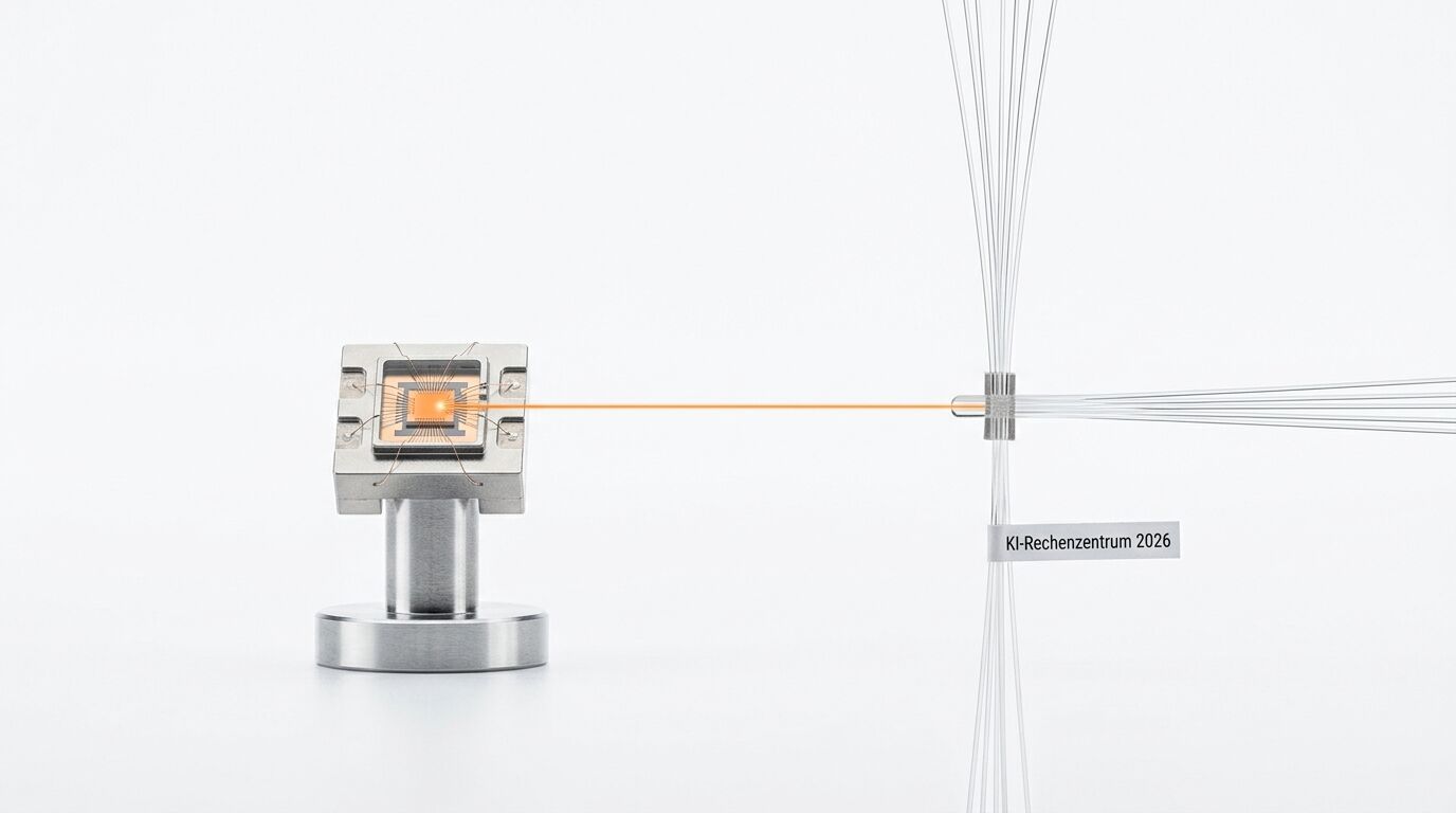 Optoelektronischer Chip mit Laserstrahl und Faserkoppler vor weißem Hintergrund