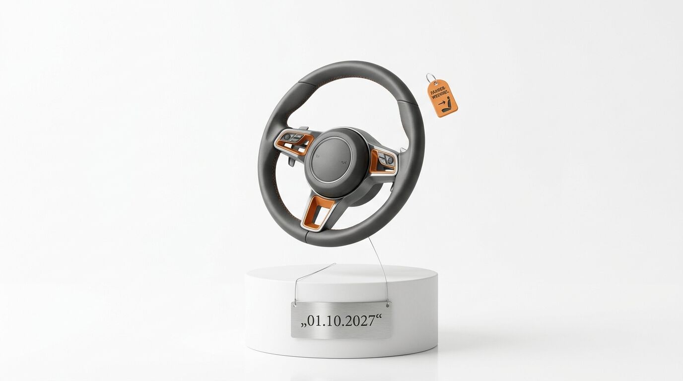Ein schwebendes Auto-Lenkrad über einem Sockel mit einem Datums-Schild