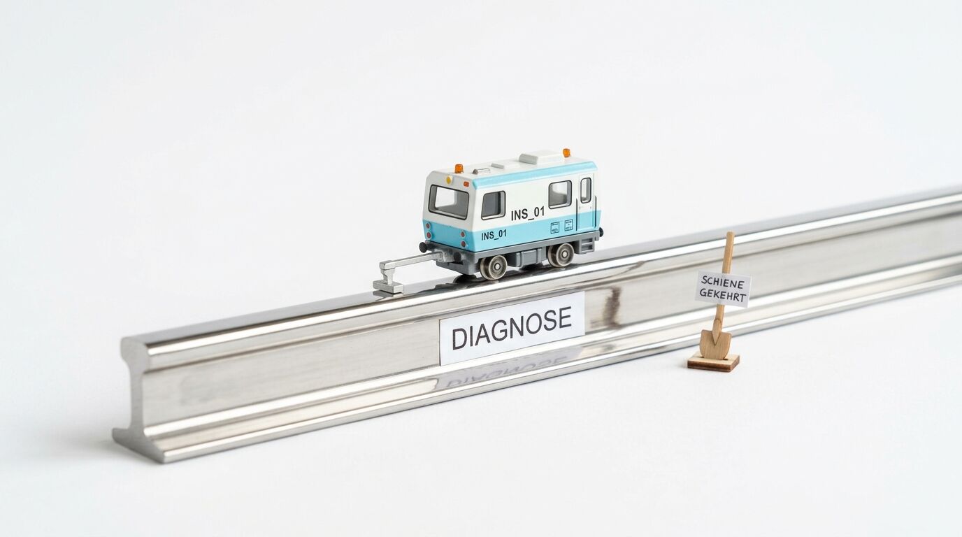 Modellfahrzeug auf Schiene mit Aufklebern „DIAGNOSE“ und „SCHIENE GEKEHRT“