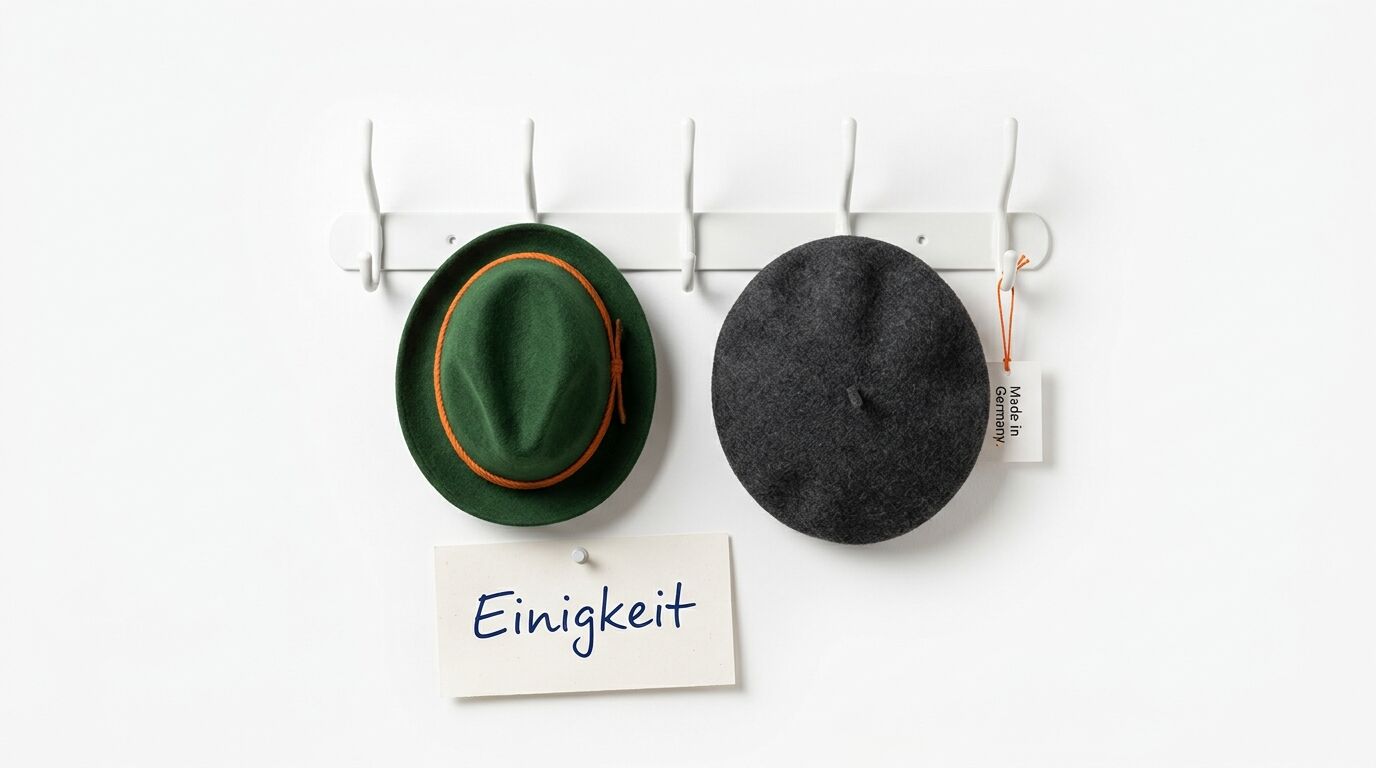 Grüner Trachtenhut, graue Baskenmütze an Garderobe, Schild 