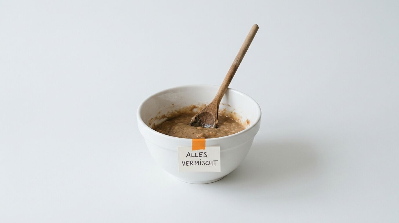 Helle Schüssel mit Brei, Holzlöffel und Schild „ALLES VERMISCHT“ auf Weiß