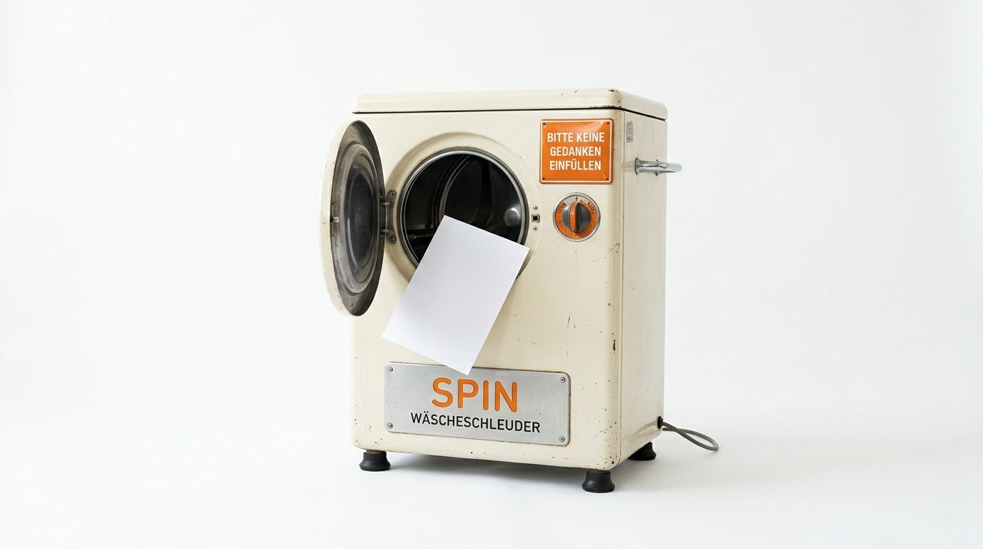 Alte Wäschescjhleuder mit offenem Deckel und Papier davor. Aufschrift: SPIN WÄSCHESCHLEUDER