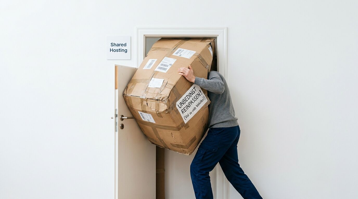 Mann quetscht großen Karton durch Tür mit „Shared Hosting“-Schild