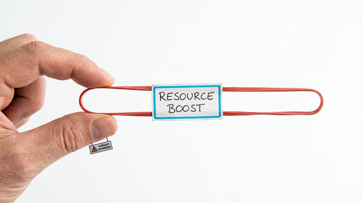 Hand hält gespanntes Gummiband mit Schild „RESOURCE BOOST“ und Warnschild „VORSICHT! SPANNUNG!“