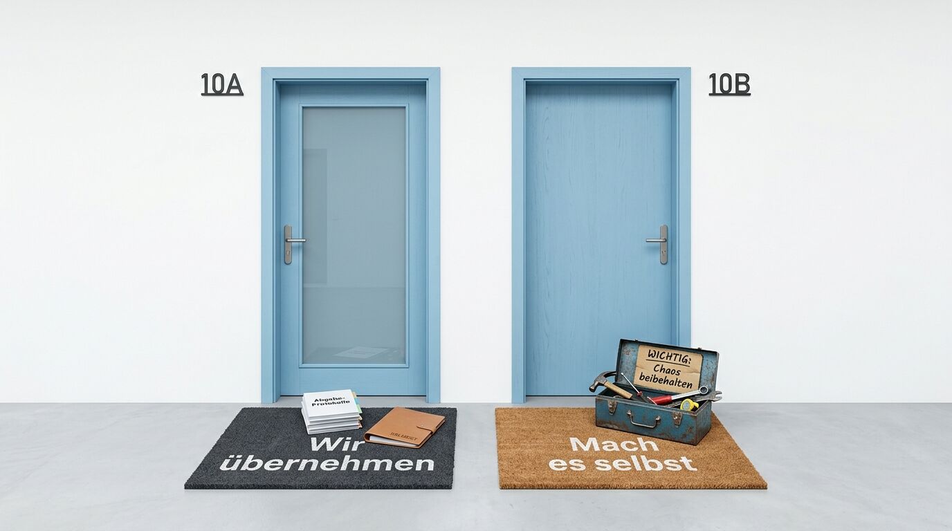 Zwei Türen (10A Glas, 10B geschlossen) mit Fußmatten und davor liegenden Gegenständen