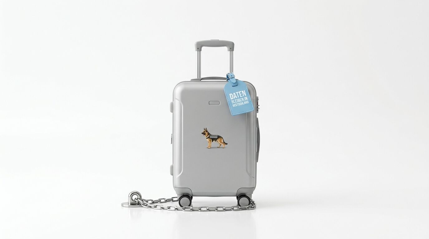 Koffer mit Schäferhundsticker, blauem Anhänger und Kette vor weißem Hintergrund