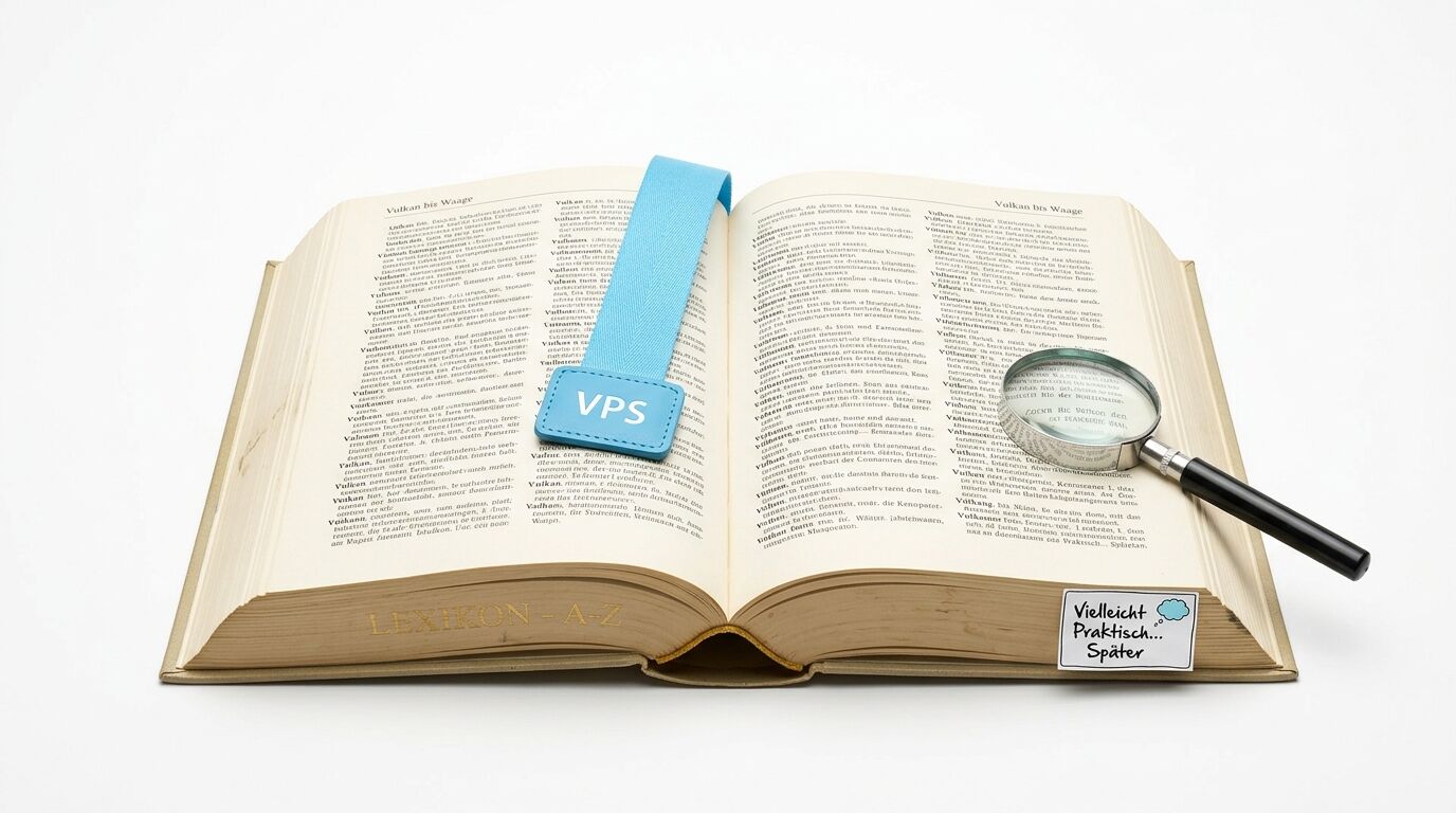 Aufgeschlagenes Lexikon mit blauer VPS-Karte, Lupe und einer handschriftlichen Notiz