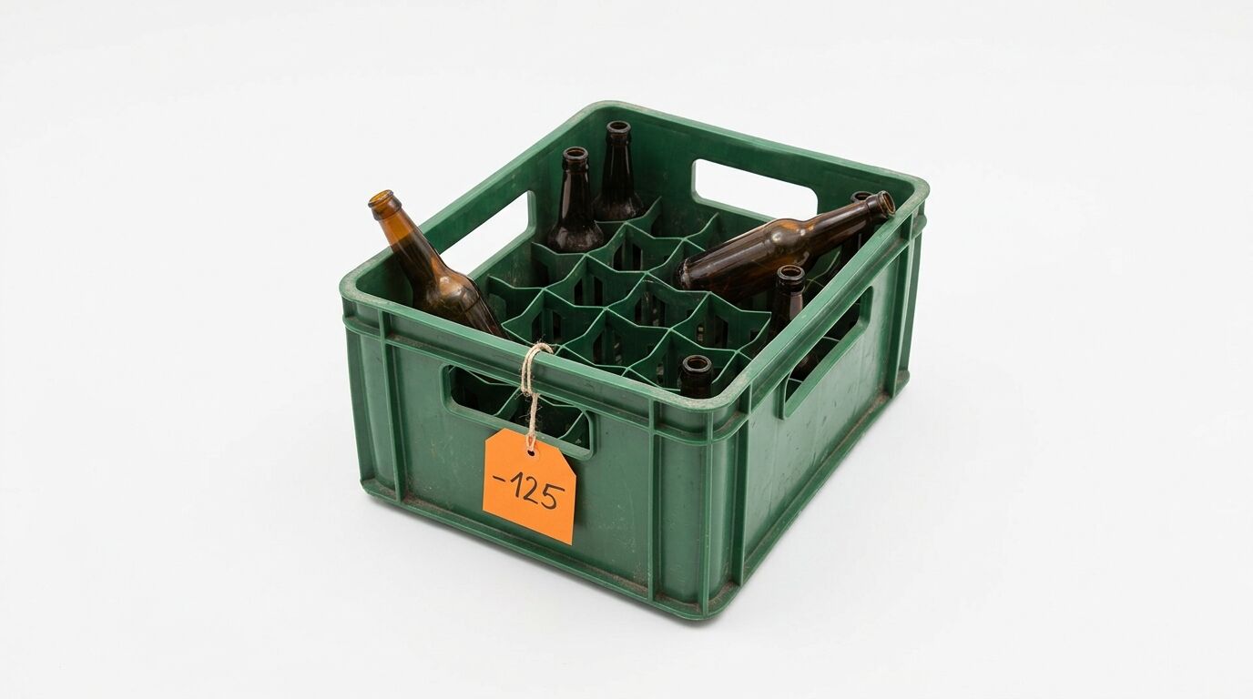 Grüner Getränkekasten mit braunen Flaschen und einem Anhänger mit der Zahl „-125“