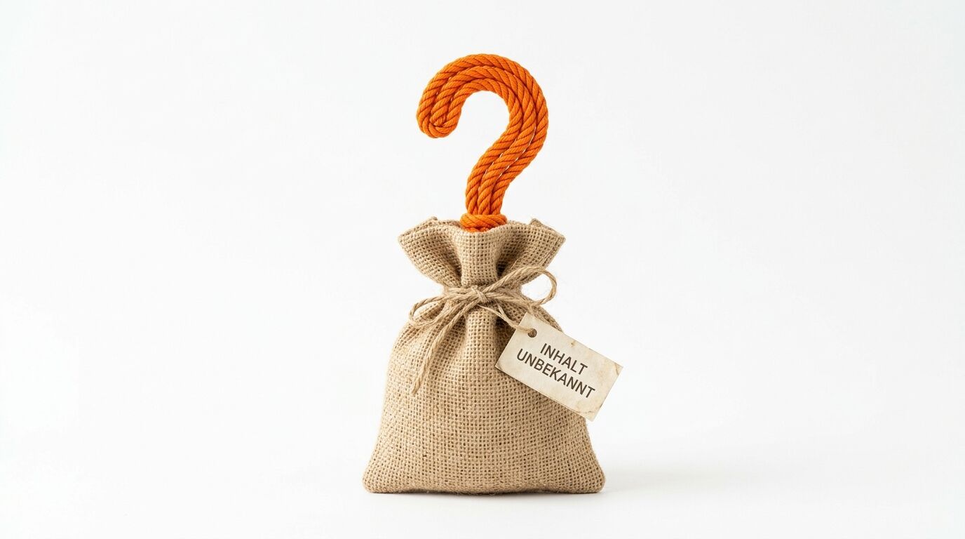 Ein Jutesack mit einem Anhänger mit der Aufschrift INHALT UNBEKANNT steht vor einem weißen Hintergrund, aus dem ein orangefarbenes Seil in Form eines Fragezeichens ragt