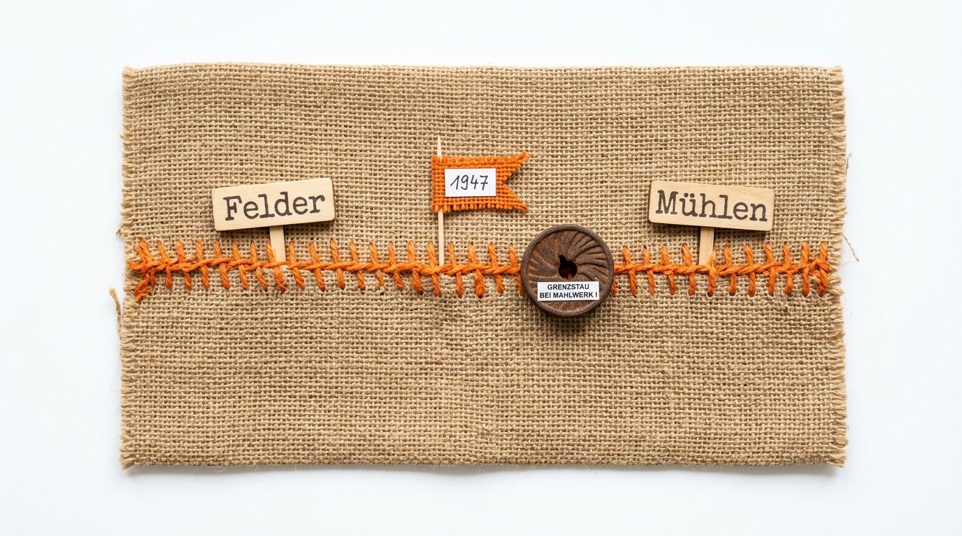 Wandbehang aus Jute mit Stickereien und Beschriftungen zu Feldern und Mühlen