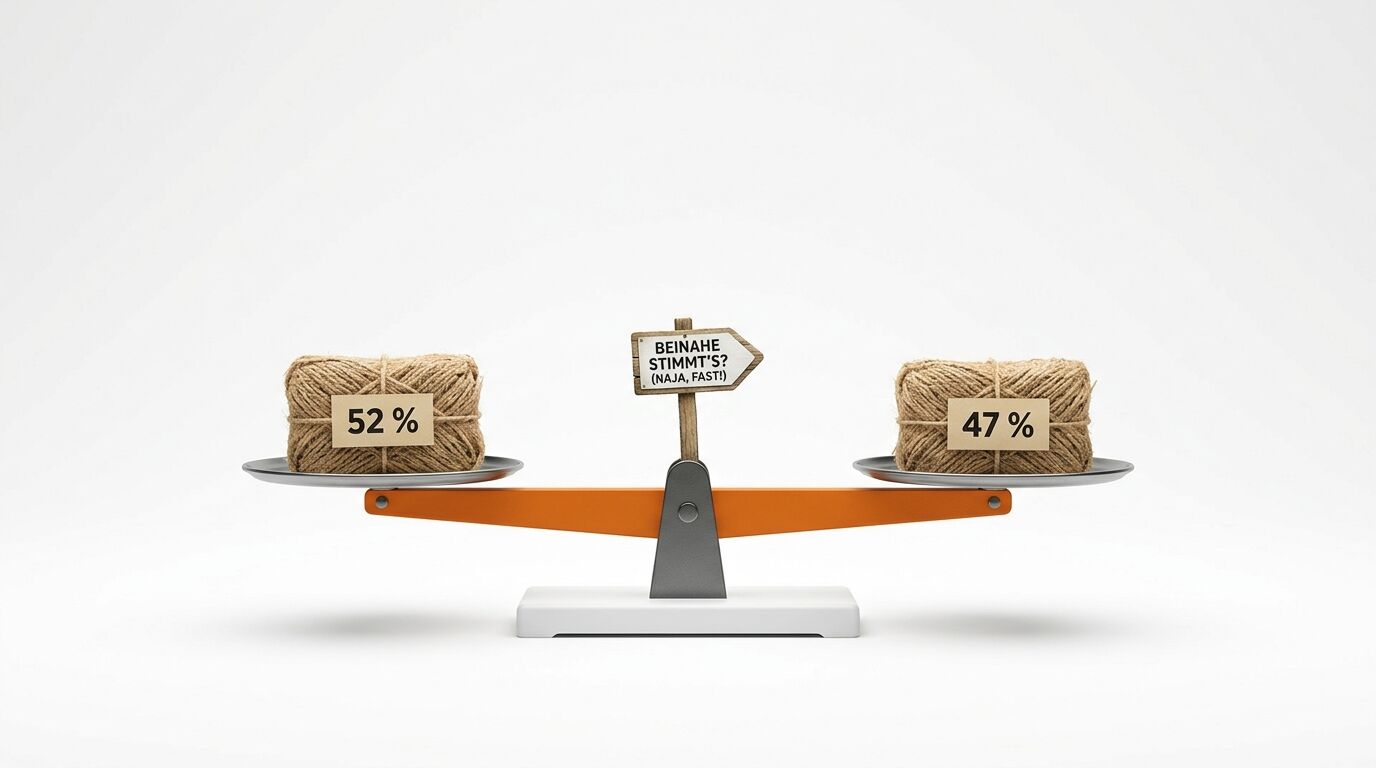 Wippwaage mit zwei Garnknäueln (52 % und 47 %), einem Hinweisschild und weißem Hintergrund