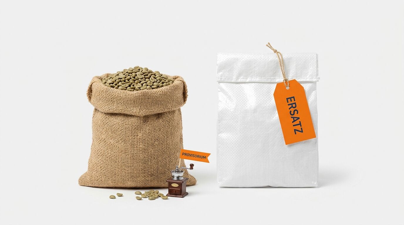 Links ein Jutesack mit Rohkaffee und „Provisorium“-Schild, rechts ein weißer Sack mit „Ersatz“-Anhänger