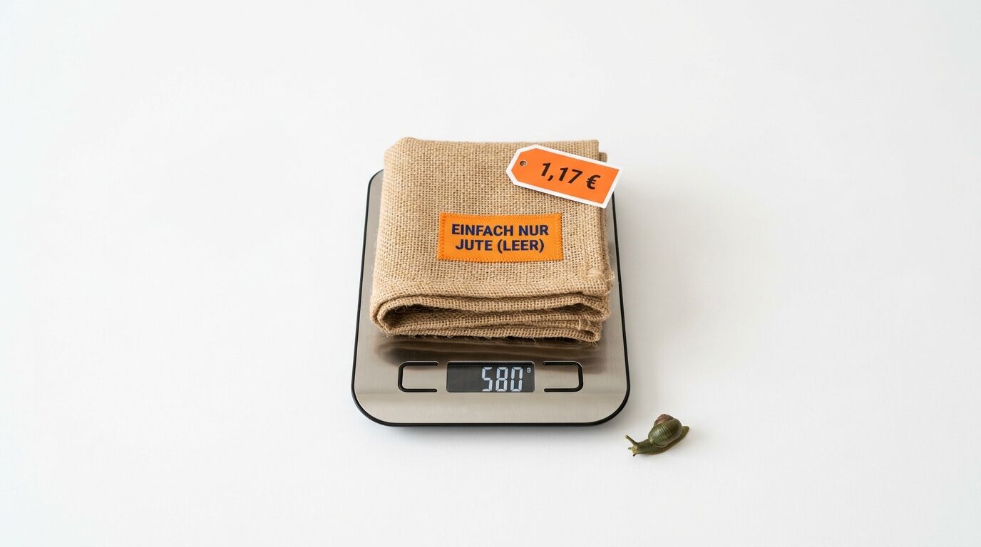 Jutesack auf Küchenwaage mit Preisschild, Anzeige „58.0 g“, Schnecke rechts
