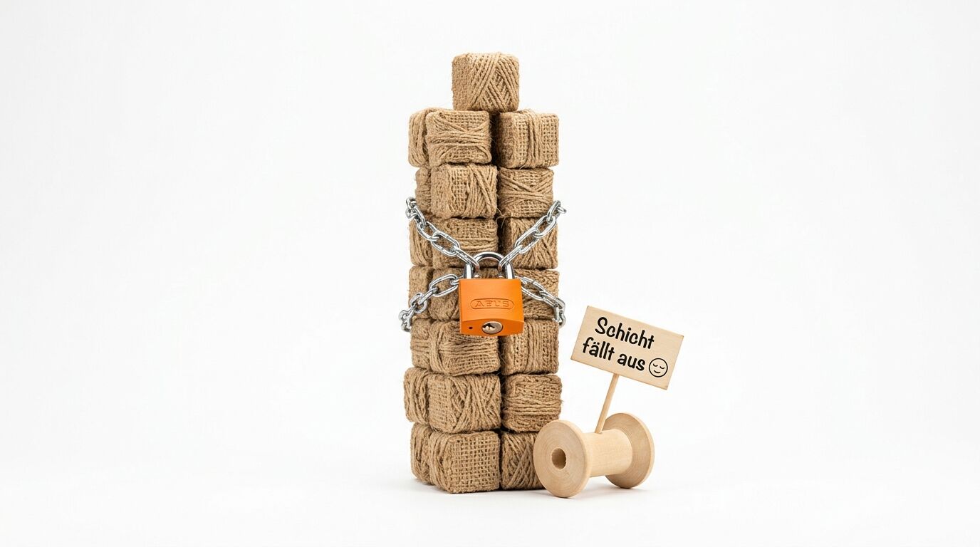 Stapel umwickelter Würfel mit Kette, orangefarbenes Schloss, Schild